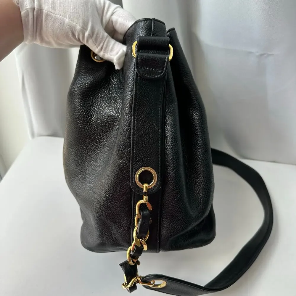 Chanel Vintage Caviar Drawstring Bucket Bag Black Leather Gold Hardware